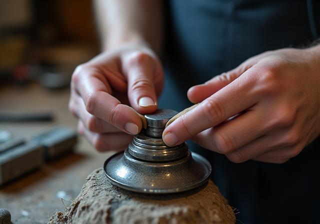 職人の手が丁寧に金属部品を磨く様子、精度と注意深さを象徴