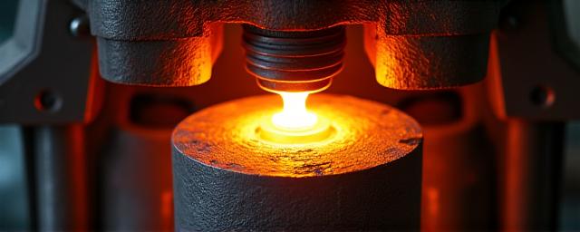 閉鎖鍛造プレスで赤熱した金属を成形する様子